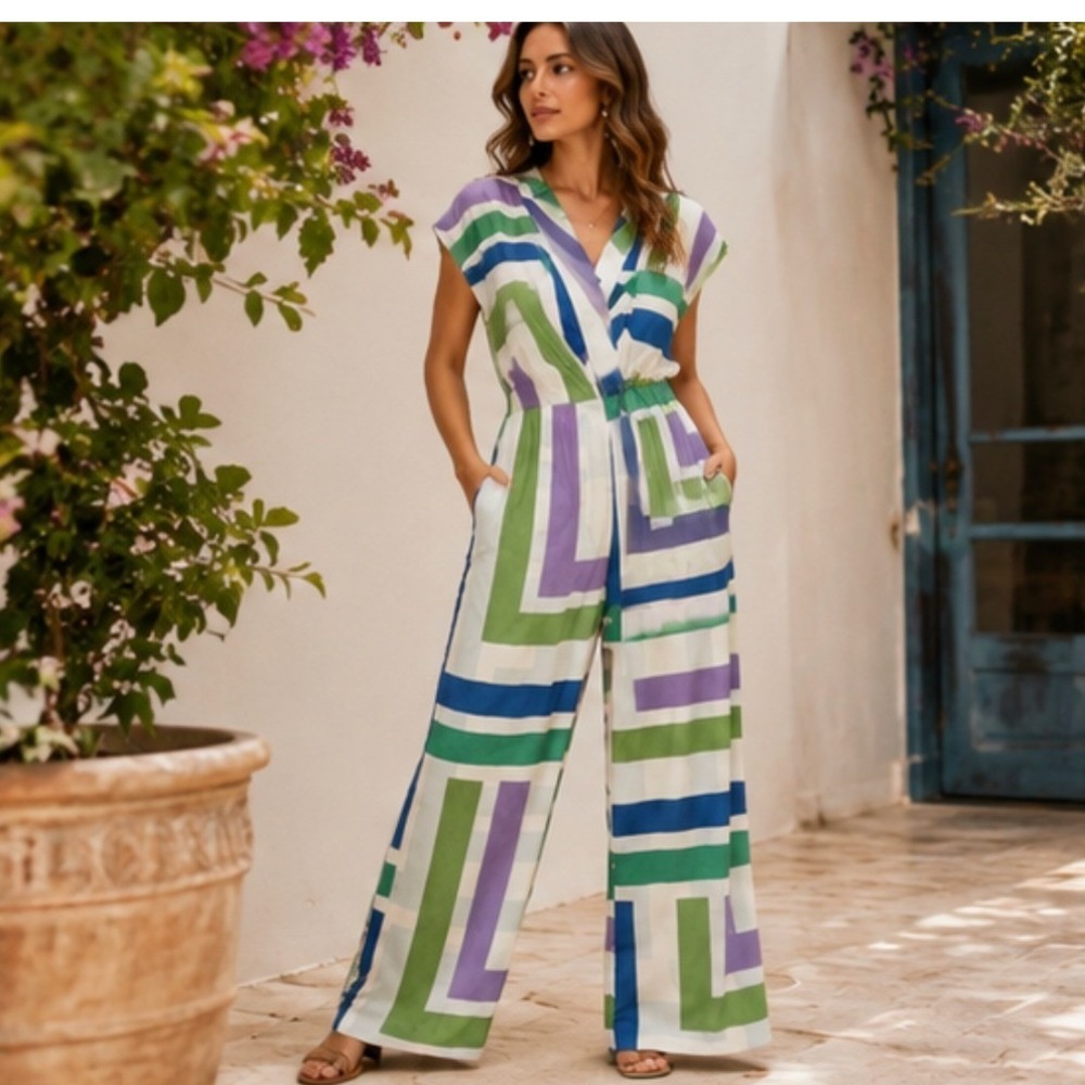 MNG Mango Jumpsuit Womens Medium White Green Blue Geometric Print Retro Mod 70s